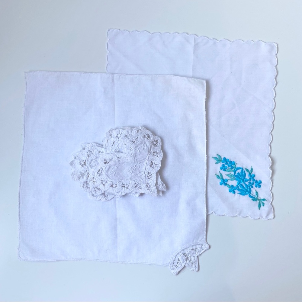 Battenberg Lace Heart Shaped Doily & handkerchiefs